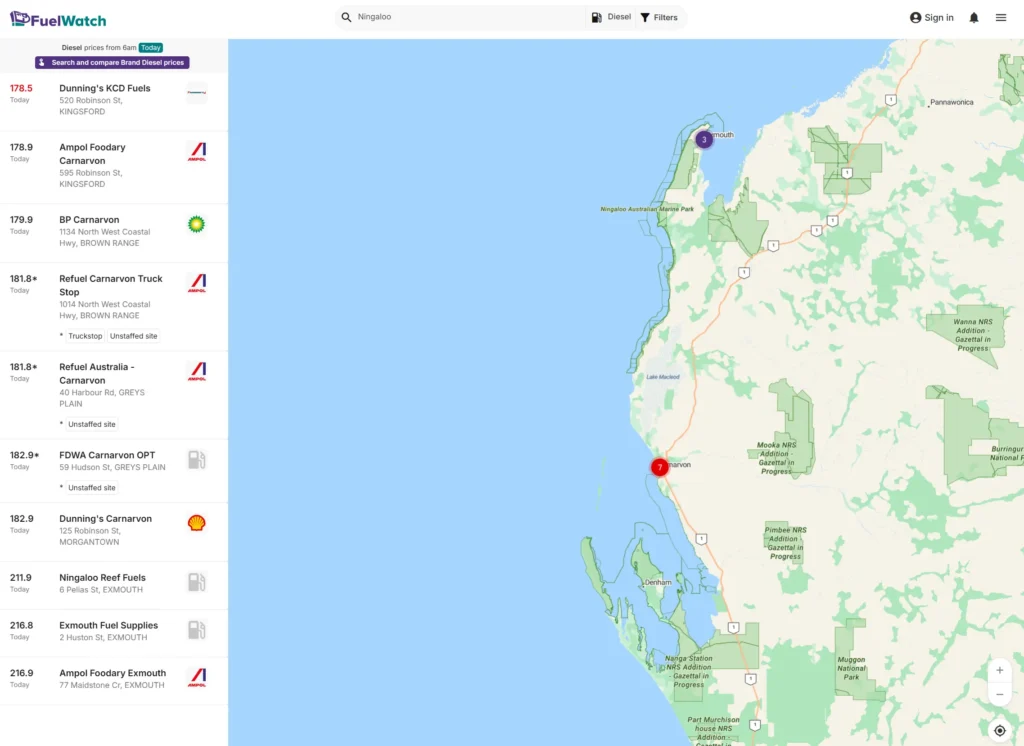 A map of Fuel Stations Near Ningaloo Station