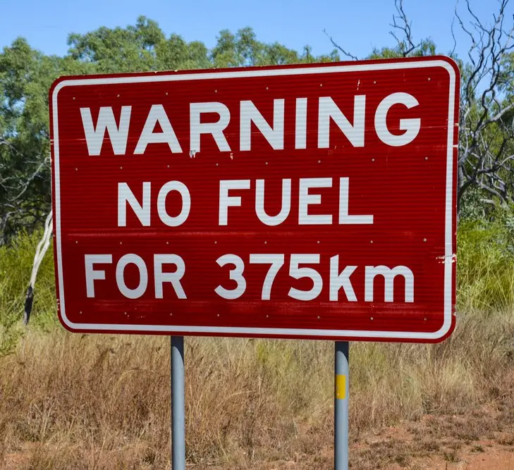 Sign warning remote travellers there is no more fuel for 375kms